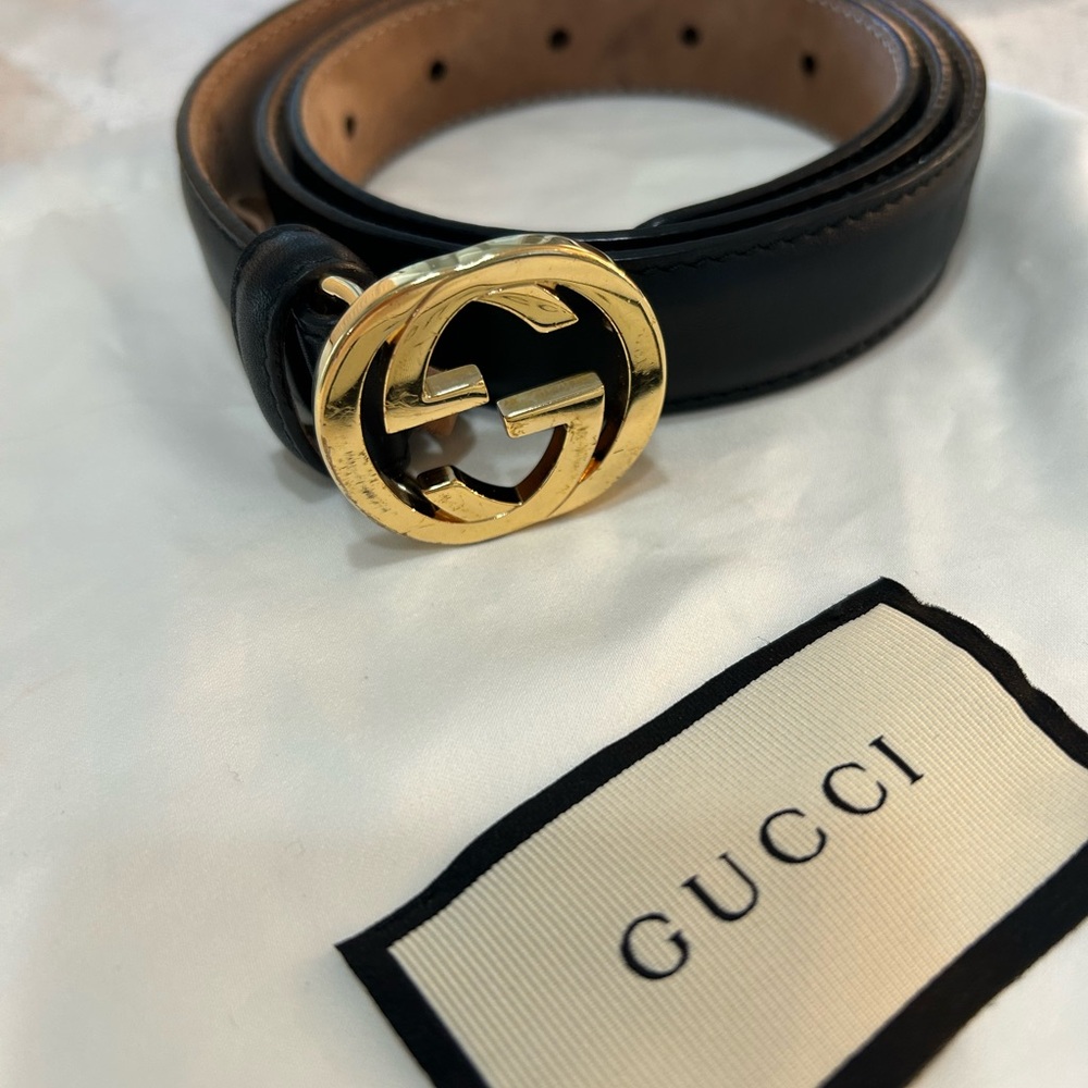 Gucci Tan and Black Leather Belt with Gold Accent
